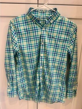 Vineyard Vines Boy’s Slim Fit Blue & Green Plaid Button-Down Shirt